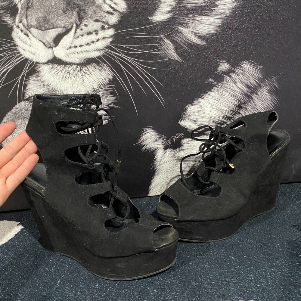 Aldo Gladiator Sandal Women's 8 Black Suede Leather Wedge Heel Peep-Toe Lace-Up